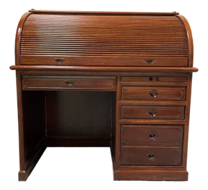 George Zee Style Roll Top Desk, Antique Wood, Vintage Design, Usa
