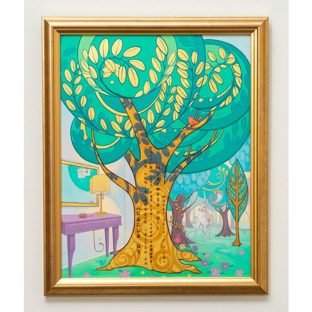 This artwork features a vibrant tree adorned with intricate patterns and rich colors, creating a whimsical atmosphere. The...
