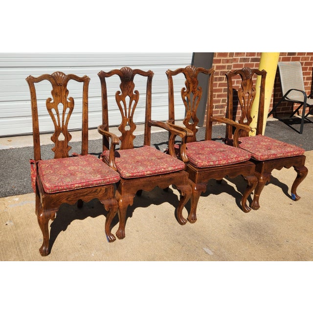 Chippendale Late 20th Century 4 Henredon Carved Oak and Cane Dining Chairs For Sale - Image 3 of 9
