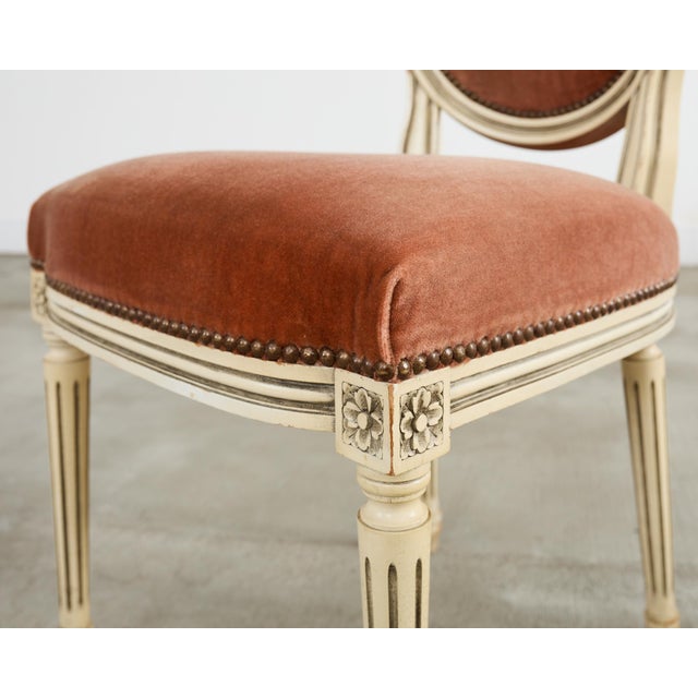 Salmon Set of Six French Louis XVI Style Painted Dining Chairs With Mohair For Sale - Image 8 of 12