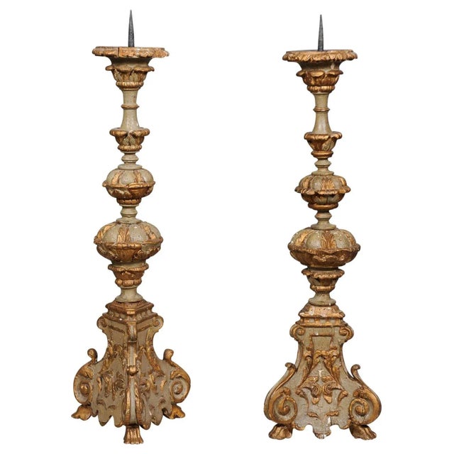 Early 19th Century French Rococo Style Carved and Painted Candlesticks - A Pair For Sale - Image 12 of 12