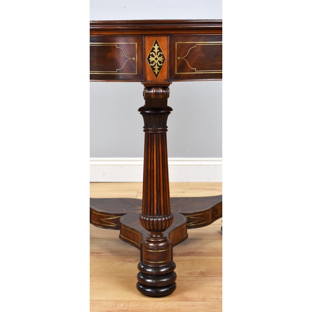 19th Century English Regency Flame Mahogany Brass Inlaid Drum Table For Sale - Image 5 of 17