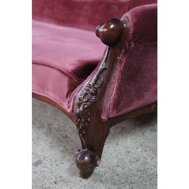 1970s Miniature Victorian Revival Red Velvet & Carved Mahogany Chaise Lounge Dog Bed For Sale - Image 6 of 13