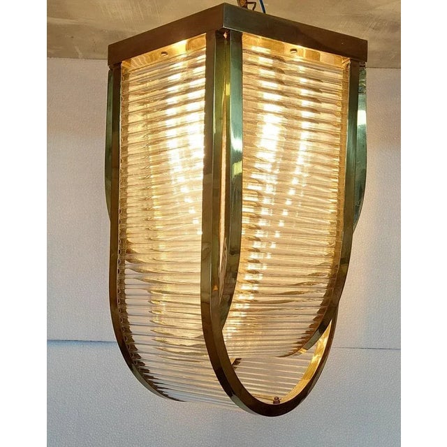 Vintage Art Deco Skyscraper Rod Ship Chandelier Fixture in Brass & Glass For Sale - Image 4 of 9
