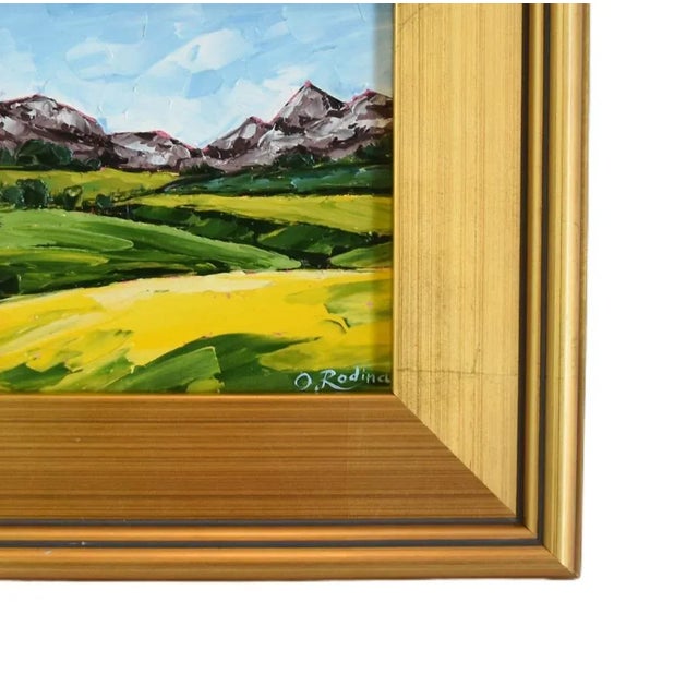 Impressionist scenic plein air rolling hills and mountains landscape oil painting on artist panel displayed in a...