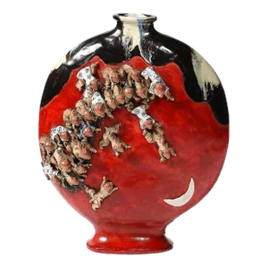 Sumida Gawa Vermillion Red Glazed Pottery Vase W/ Clustered Sculptural Primates