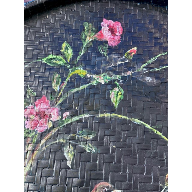 Large Hand Painted Rattan Tray-Bird-Floral-27''-Boho-Chinoiserie-Wall-Bamboo For Sale - Image 11 of 11