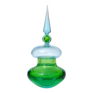 Vintage Murano Cenedese Da Ros Sommerso Green Blue Italian Art Glass Spike Top Spage Age Container Jar For Sale