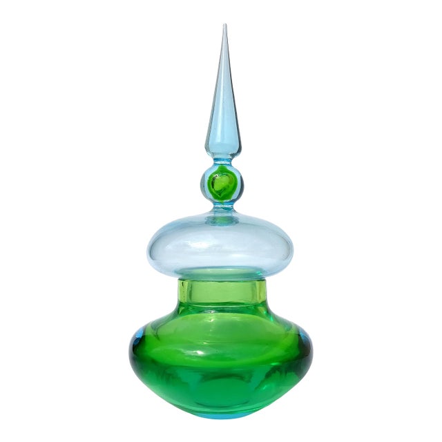 Vintage Murano Cenedese Da Ros Sommerso Green Blue Italian Art Glass Spike Top Spage Age Container Jar For Sale