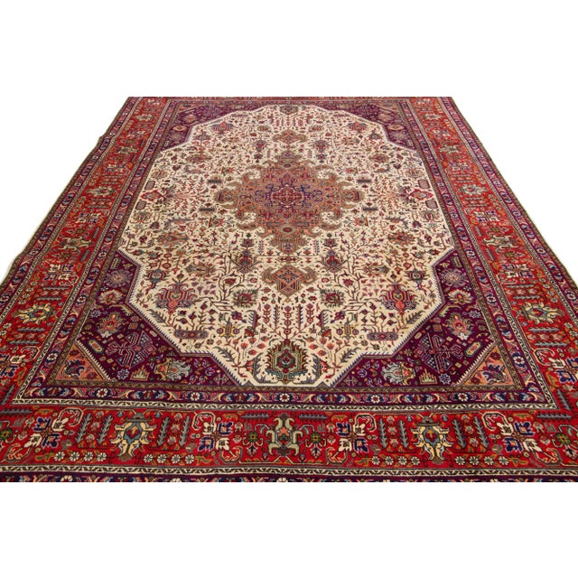 Persian 1920s Antique Tabriz Handmade Allover Designed Beige & Red Persian Wool Rug For Sale - Image 3 of 13