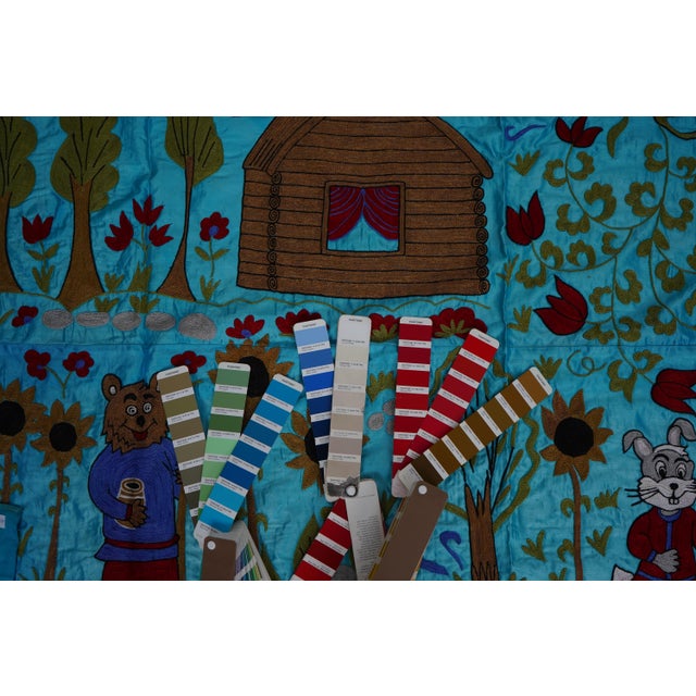 Blue Uzbek Suzani Wall Hanging – Folk Animal Scene Embroidered Textile Art 3'4'' X 6'2'' For Sale - Image 14 of 14