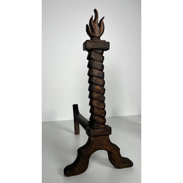 Metal Pair of cast iron and wrought iron firedogs, flame-gilded, in the style of Gilbert Poillerat For Sale - Image 7 of 12
