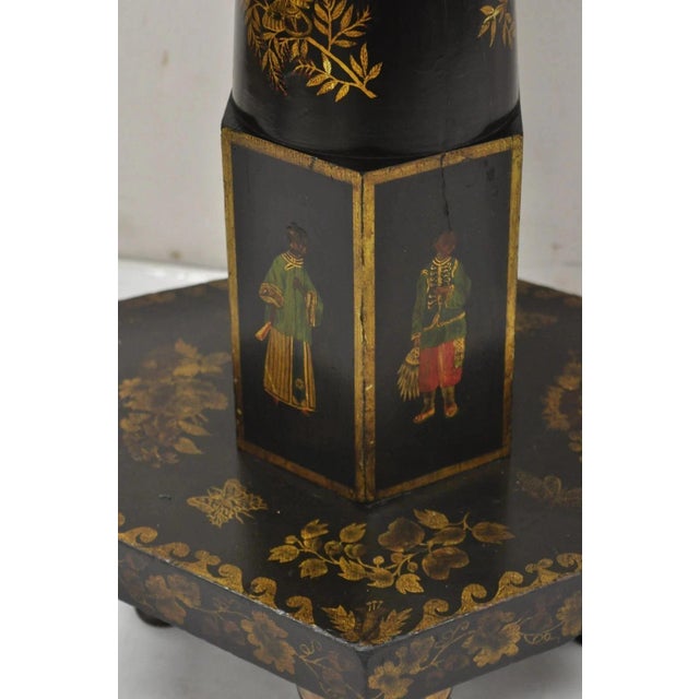 19th Century Antique Chinoiserie Hand Painted Pedestal Base Oriental Sewing Stand Side Table For Sale - Image 5 of 12