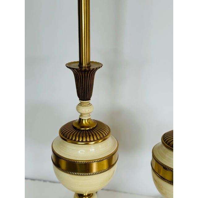 Vintage 1950s Hollywood Regency Style Brass & Ceramic Table Lamps, a Pair For Sale - Image 4 of 9