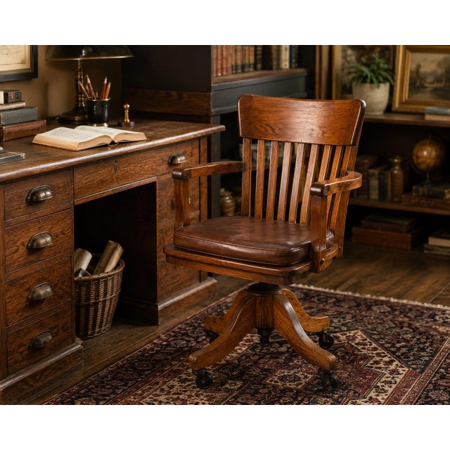 VINTAGE SOLID OAK ADJUSTABLE SWIVEL OFFICE CHAIR WITH ORIGINAL CASTERS A beautifully preserved early American office chair...