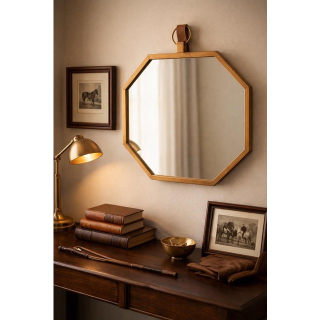 Late 20th Century Octagonal Brass Wall Mirror With Leather Strap For Sale - Image 5 of 5