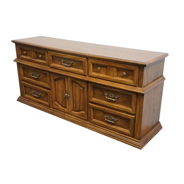 BASSETT FURNITURE Solid Oak Traditional American Colonial Revival 70" Triple Door Dresser 2085-247 31.75" High 70.75" Wide...