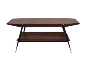 Mid-Century Italian Octagonal Coffee Table in Mahogany Veneer with Brass Details