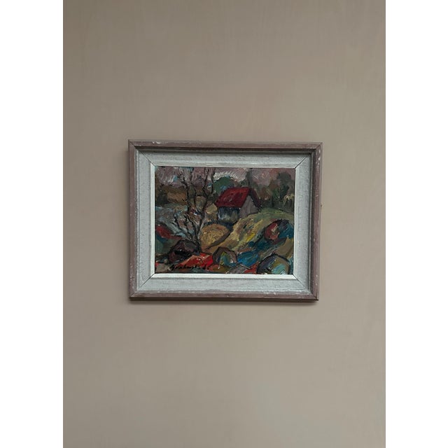 Nils Grahmstad, Cottage with a Red Roof, 1960s, Oil on Canvas For Sale - Image 6 of 18
