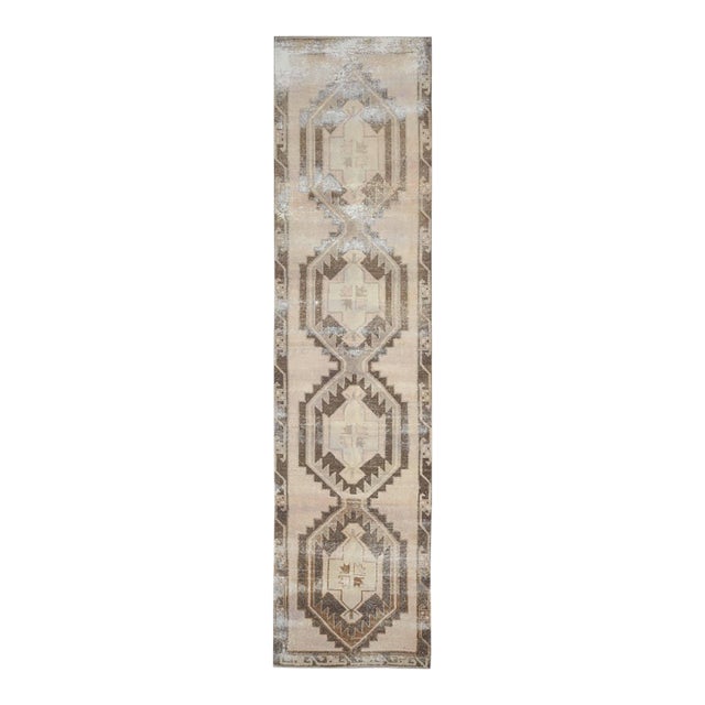 1970s Vintage Turkish Handmade Wool Cotton Brown Runner Rug For Sale