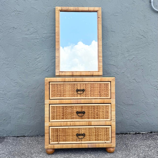 Boho Chic Boho Chic Wicker Wrapped Rattan Chest of Drawers With Mirror For Sale - Image 3 of 10