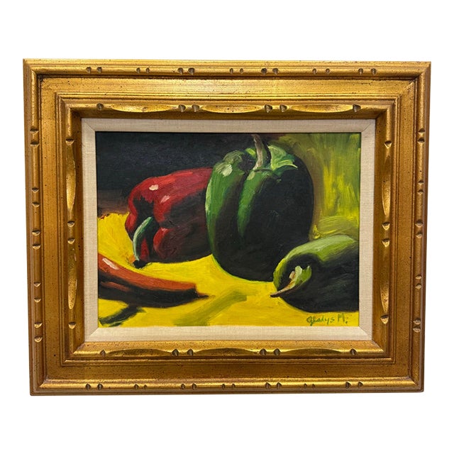 Vintage Still Life With Peppers Oil on Board Signed For Sale