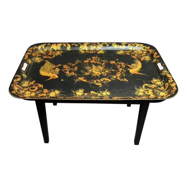 Early 20th Century Tole Tray Coffee Table in Gold and Black with Bird Decoration For Sale