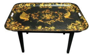 Early 20th Century Tole Tray Coffee Table in Gold and Black with Bird Decoration