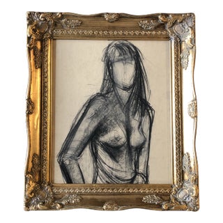 1960’s Original Vintage Abstract Female Nude Charcoal Study Drawing Ornate Vintage Frame For Sale