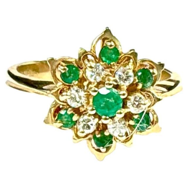 Green 14k Gold Emerald and Diamond Floral Cluster Cocktail Ring Vintage For Sale - Image 8 of 8
