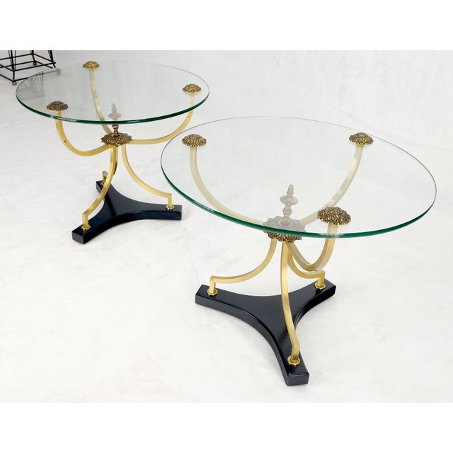 Pair of 22" Round Glass Top Brass Bases End Side Center Tables Stands For Sale - Image 6 of 12