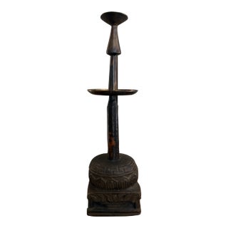 Late 19th Century Candle Holder in Wood, Metal and Stone Engraved Details For Sale