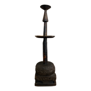 Late 19th Century Candle Holder in Wood, Metal and Stone Engraved Details