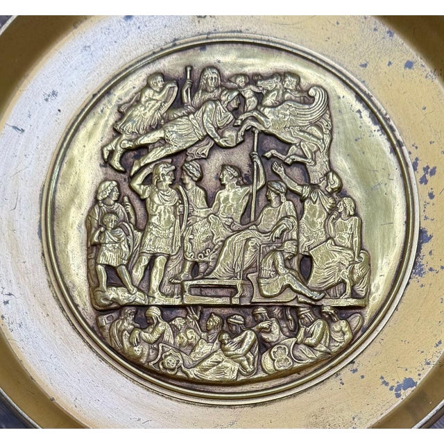 Mediterranean Antique French Empire Brass Tazza — Classical Apotheosis Relief Medallion — Torch Handles — Greek Key Rim — Footed Pedestal — 22.5 Inches For Sale - Image 3 of 8