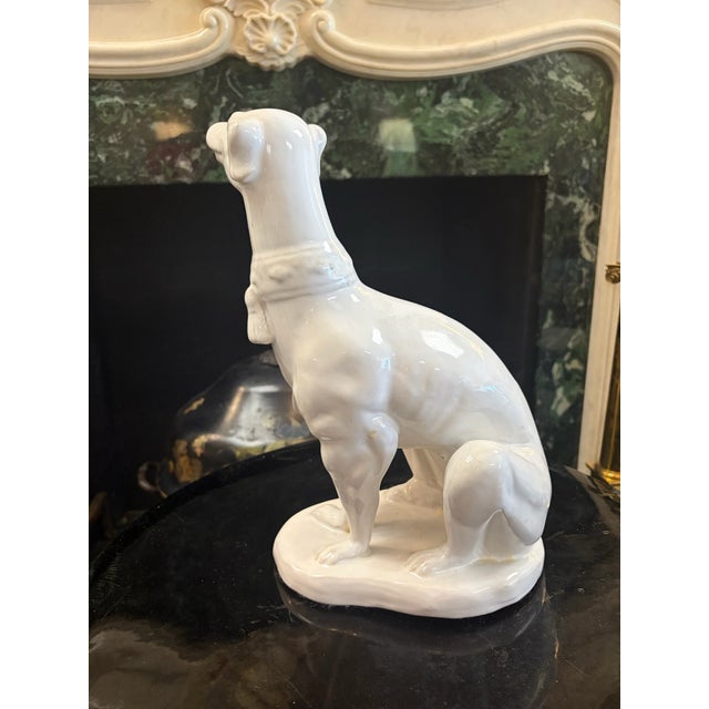 Vintage Hollywood Regency White-Glazed Greyhound Whippet Statue For Sale - Image 9 of 11