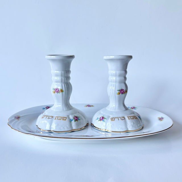 Vintage German Winterling Porcelain Shabbat Candlesticks With Matching Tray, Set of 3 For Sale - Image 11 of 12