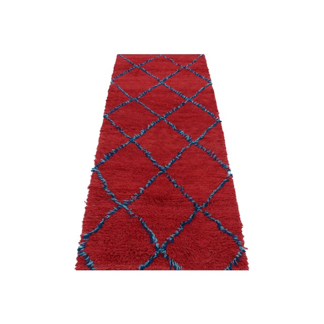 1950s Vintage Moroccan Runner in Red With Blue Diamond Medallions, From Rug & Kilim For Sale - Image 5 of 7