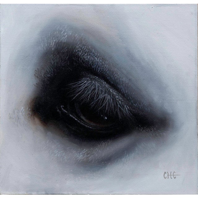 This artwork features a close-up depiction of an eye, rendered with meticulous attention to detail that captures the...