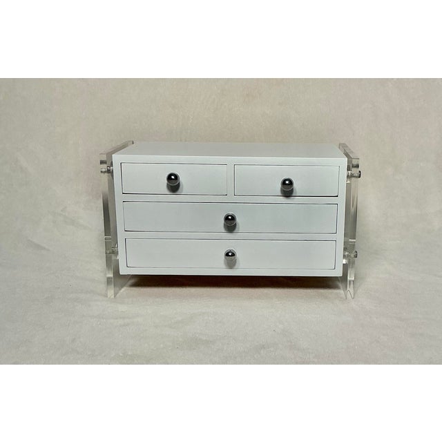 1970s Mid Century Modern Jewelry Chest of Drawers Suspended Lucite White Lacquer For Sale - Image 4 of 12