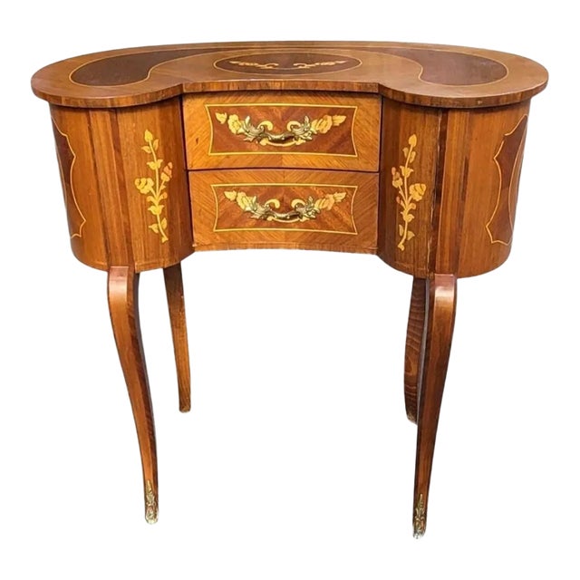 1940s Two-Drawer Continental Marquetry Mahogany Kidney Dressing Table For Sale