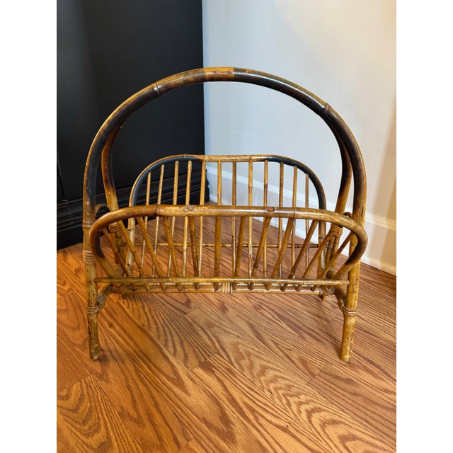 Coastal Tortoise Shell Bamboo & Rattan Arched Handle Collapsible Magazine Rack For Sale In Houston - Image 6 of 11