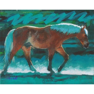 Lunar Eclipse by Tracy Wall | Mixed Media on Canvas Horse walking in a blue-toned landscape. For Sale