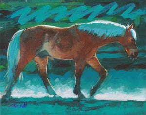 Lunar Eclipse by Tracy Wall | Mixed Media on Canvas Horse walking in a blue-toned landscape.