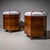 Pair of Art Deco stools with hexagonal walnut frames resting on ball feet. The seats have been newly upholstered in a...
