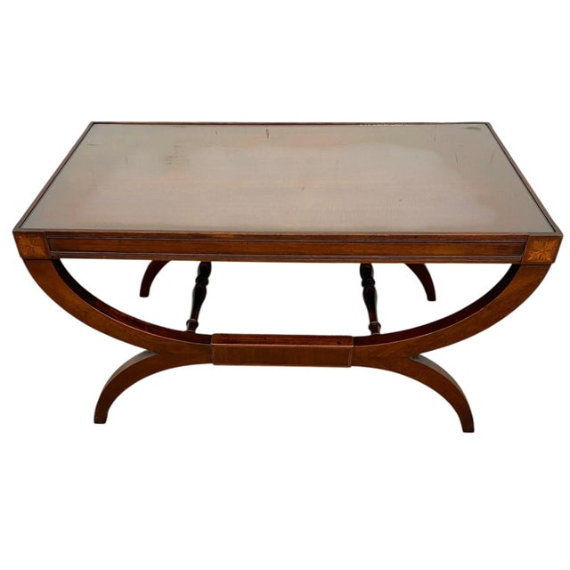 1970s Vintage Neoclassical Style Coffee Table With Removable Glass Top, Curved Saber Legs and Floral Inlay Accents For Sale - Image 5 of 11
