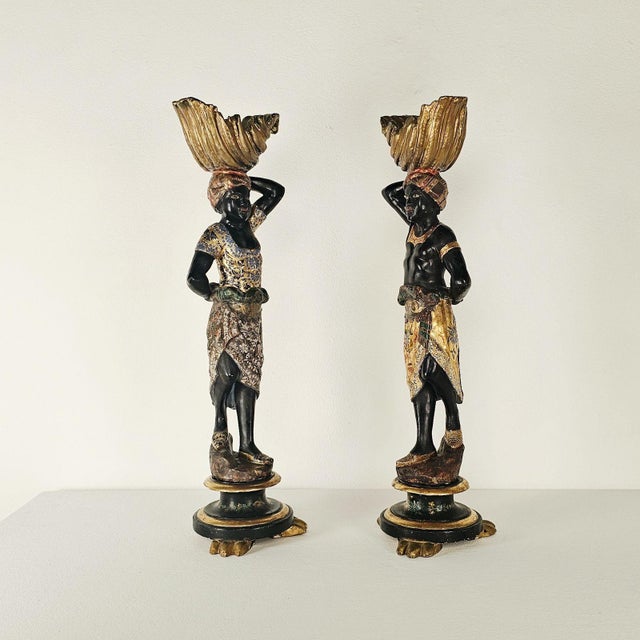Italian Pair of Venetian Blackamoor Figurines, Italy Circa 1920 For Sale - Image 3 of 14