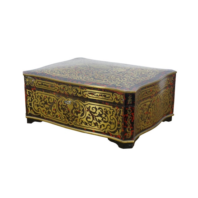 Antique 19th century Napoleon III era French Marquetry Boulle box. Red and black tortoiseshell with foliate brass inlay....