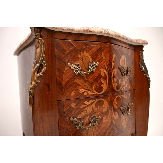 Antique French Inlaid Marble Top Bedside Chests, 1900, Set of 2 For Sale - Image 9 of 11