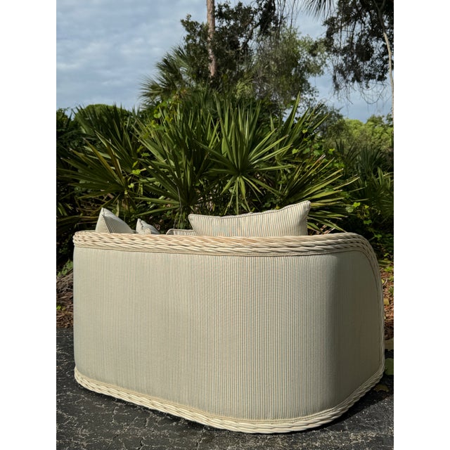 White Wicker Loveseat With Red, White & Blue Stripe Upholstery For Sale - Image 8 of 9