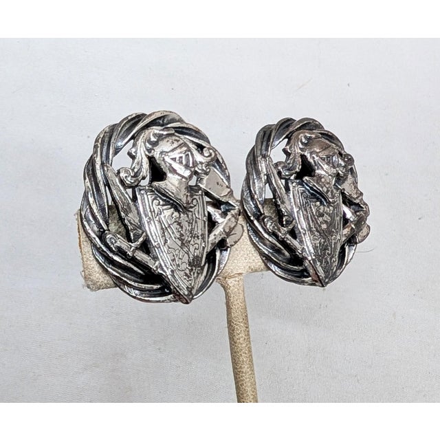 1950s Vintage 1950s Signed Napier Silvertone Round Knight With Shield Clip Earrings-2 Pieces For Sale - Image 5 of 8